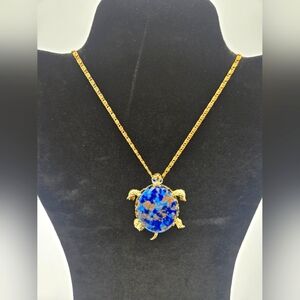 GERRY Vintage Marbled Blue & Gold Turtle Pendant w/ Vintage Gold Chain
